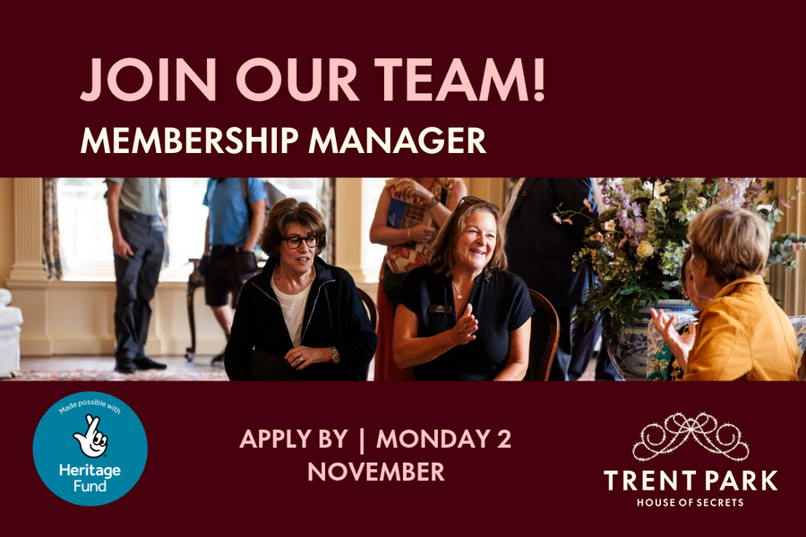 A colour photo of three women in animated conversation sitting next to a floral display.  Dark red background with cream and pink text reads: Join Our Team! Membership Manager. Apply By Monday 2 November