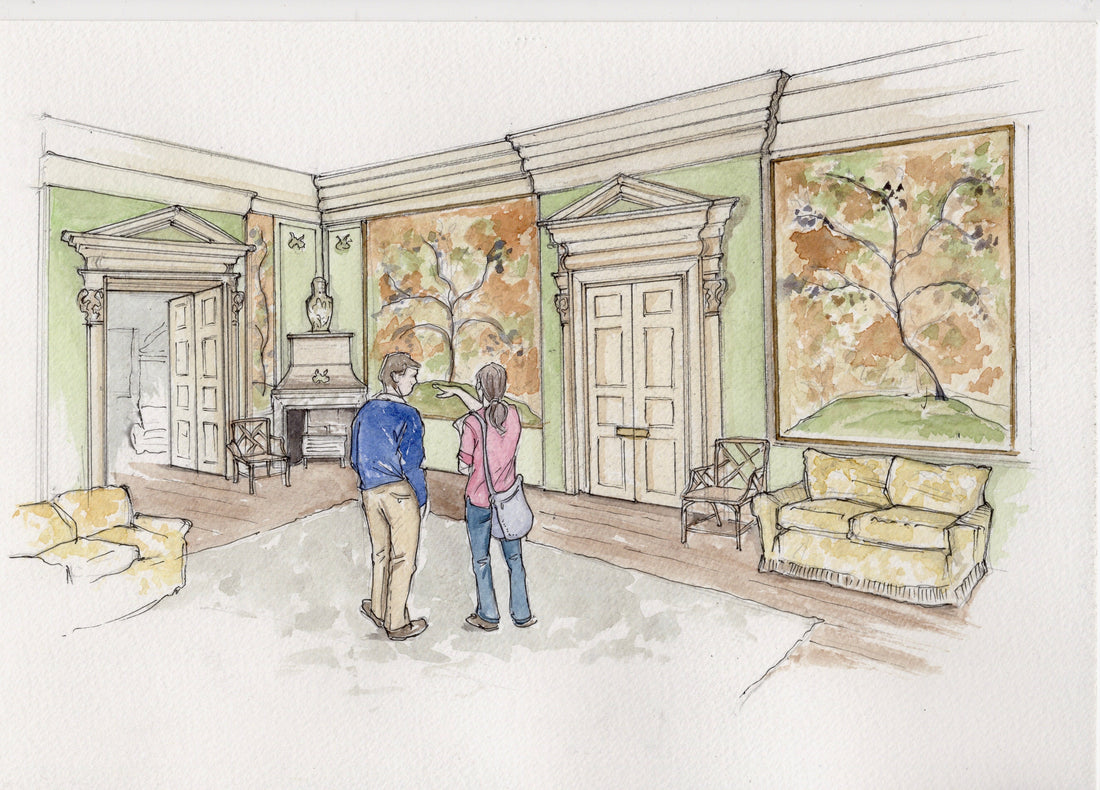 An artist representation in watercolour of what the restored Chinese Room could look like at Trent Park House. .